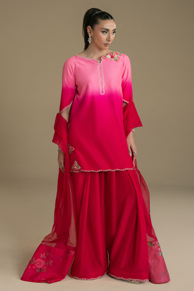 Pakistani Pink Ombre Embroidered Organza Sharara Set (3-Piece) - Image 4