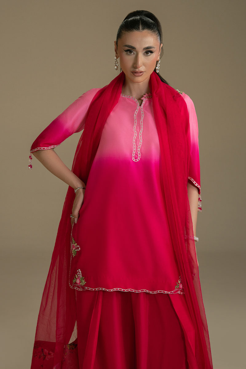 Pakistani Pink Ombre Embroidered Organza Sharara Set (3-Piece) - Image 5