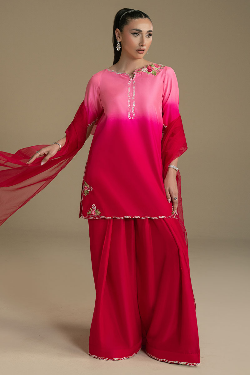 Pakistani Pink Ombre Embroidered Organza Sharara Set (3-Piece) - Image 6