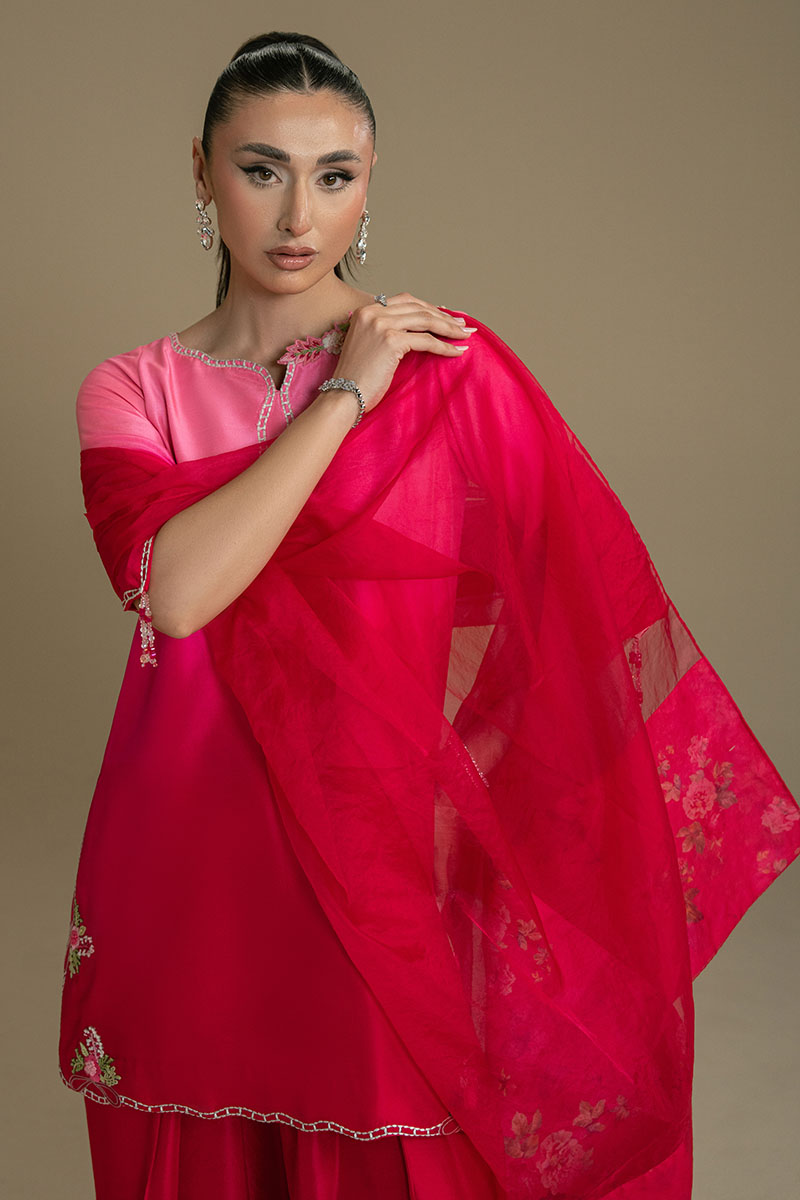 Pakistani Pink Ombre Embroidered Organza Sharara Set (3-Piece) - Image 7