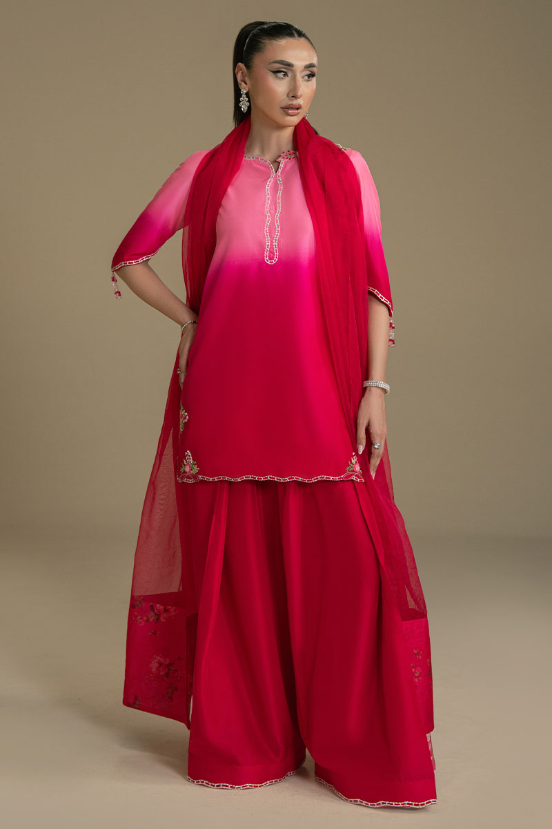 Pakistani Pink Ombre Embroidered Organza Sharara Set (3-Piece) - Image 8