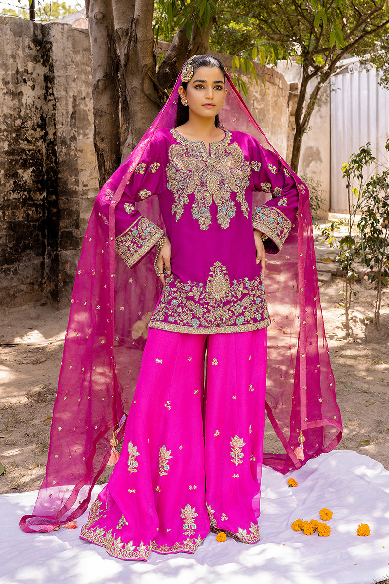 Fuchsia Embroidered Organza & Raw Silk Sharara (3-Piece) - Image 1