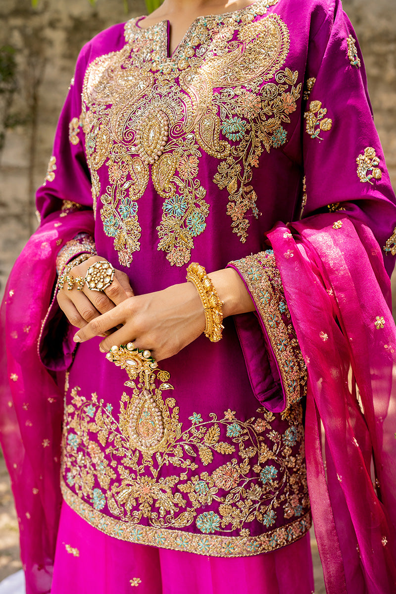 Fuchsia Embroidered Organza & Raw Silk Sharara (3-Piece) - Image 2