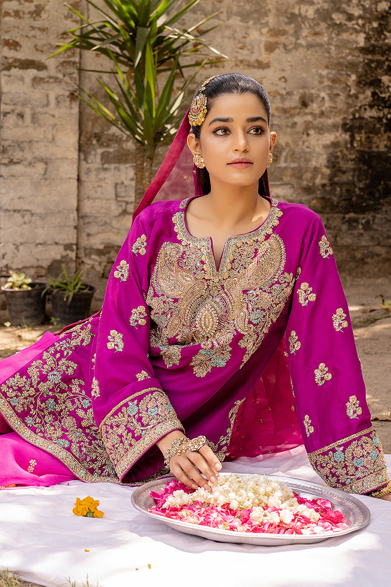 Fuchsia Embroidered Organza & Raw Silk Sharara (3-Piece) - Image 3