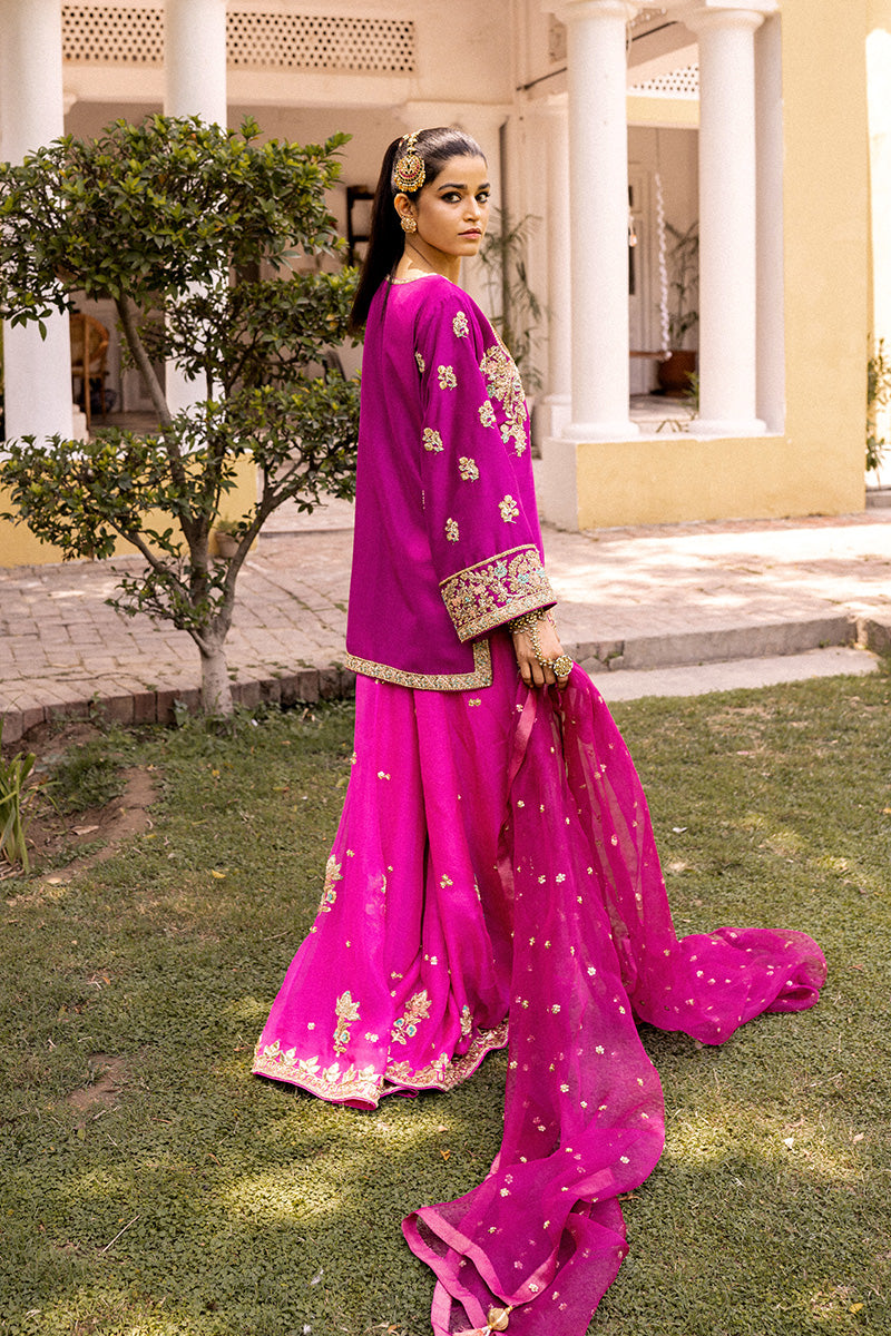 Fuchsia Embroidered Organza & Raw Silk Sharara (3-Piece) - Image 4