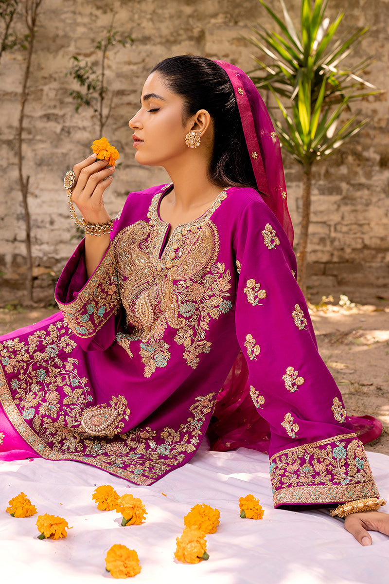 Fuchsia Embroidered Organza & Raw Silk Sharara (3-Piece) - Image 5