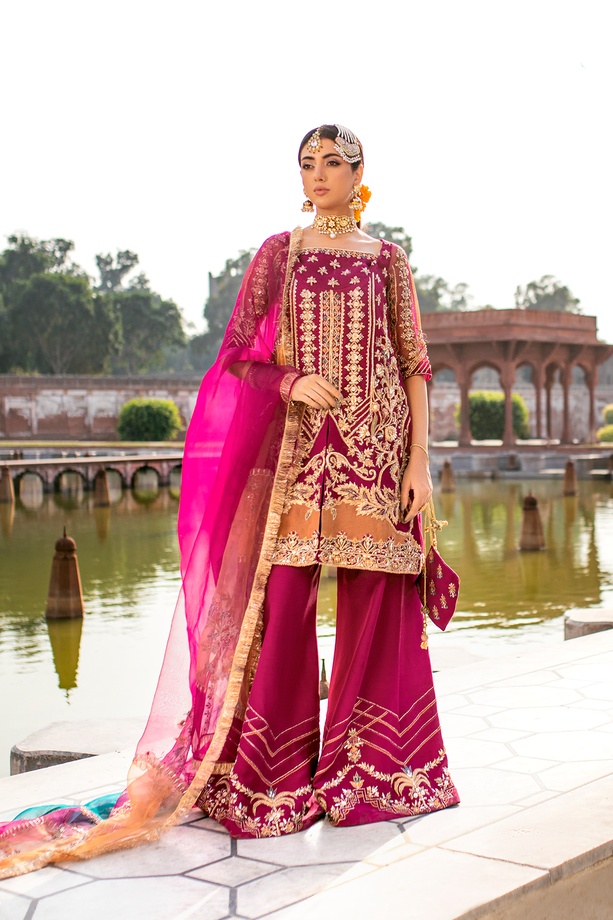 Magenta Embroidered Organza Short Kameez Sharara (3-Piece) - Image 1