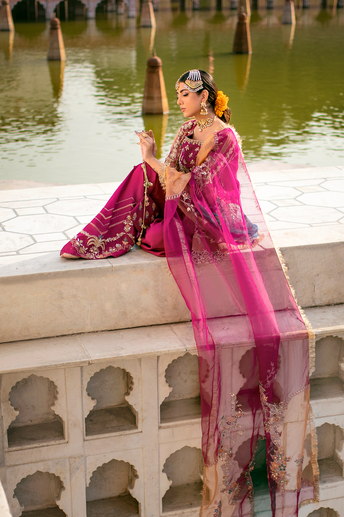Magenta Embroidered Organza Short Kameez Sharara (3-Piece) - Image 4