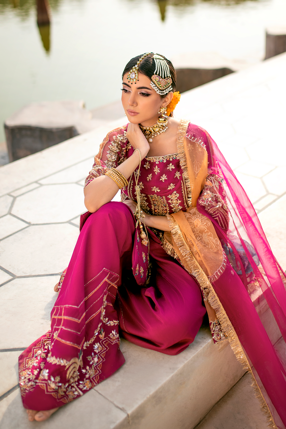 Magenta Embroidered Organza Short Kameez Sharara (3-Piece) - Image 5