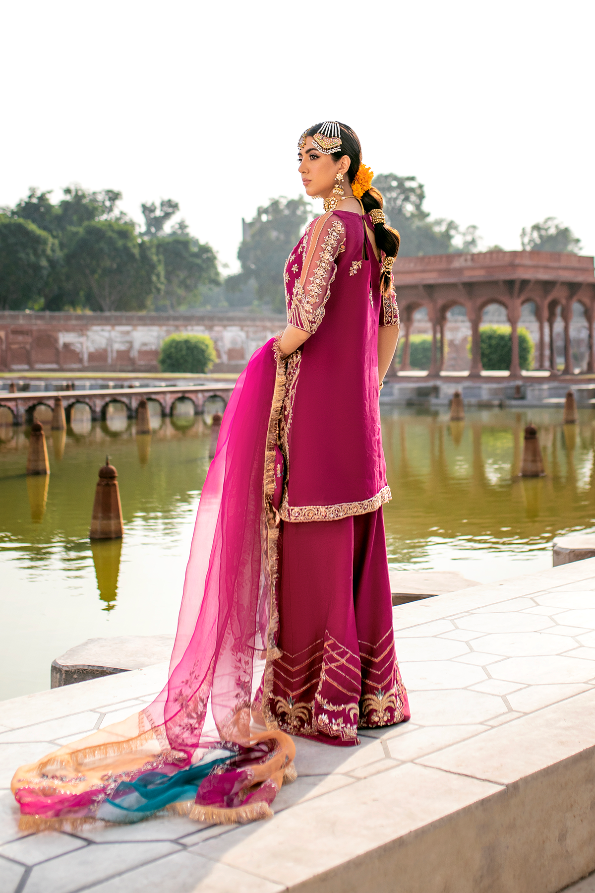 Pakistani Magenta Embroidered Organza Kameez with Sharara (3-Piece) - Image 2