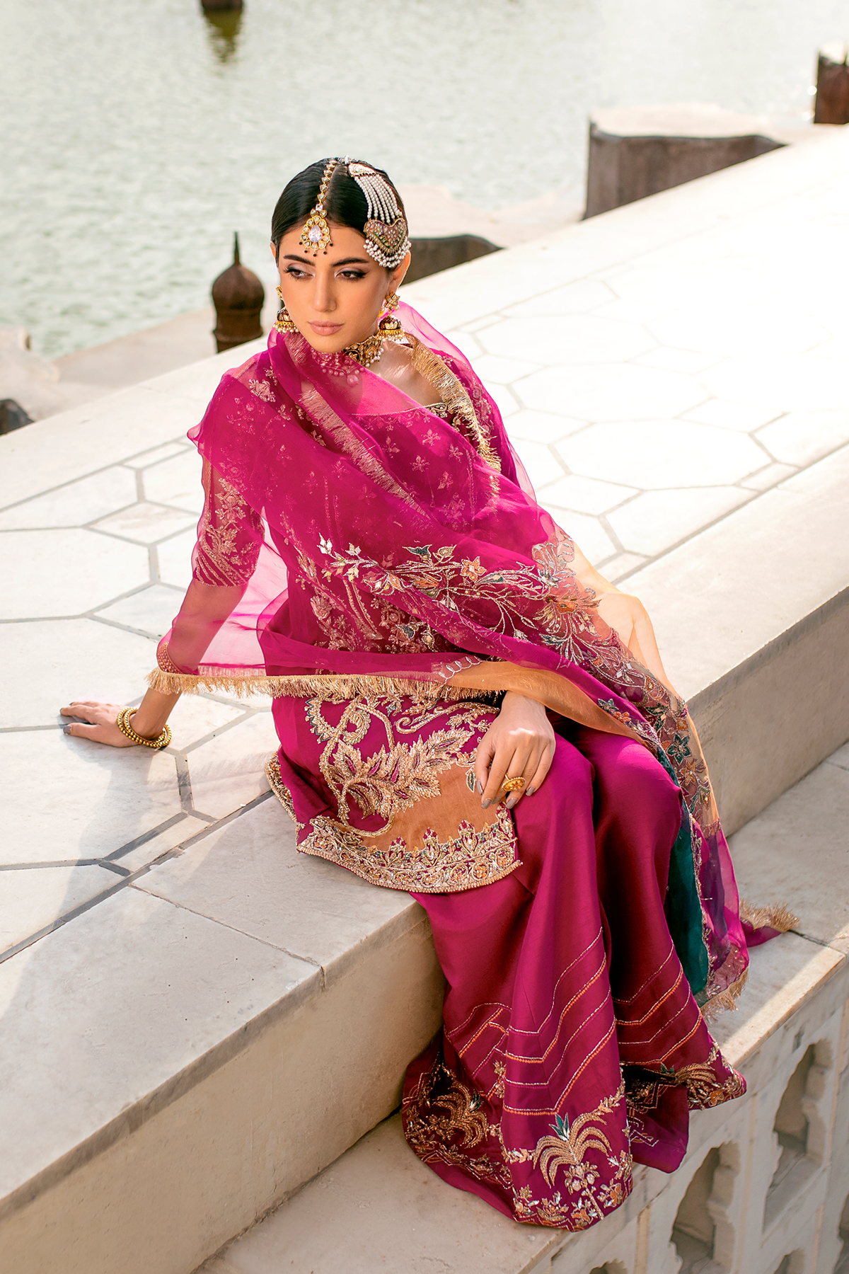 Pakistani Magenta Embroidered Organza Kameez with Sharara (3-Piece) - Image 3