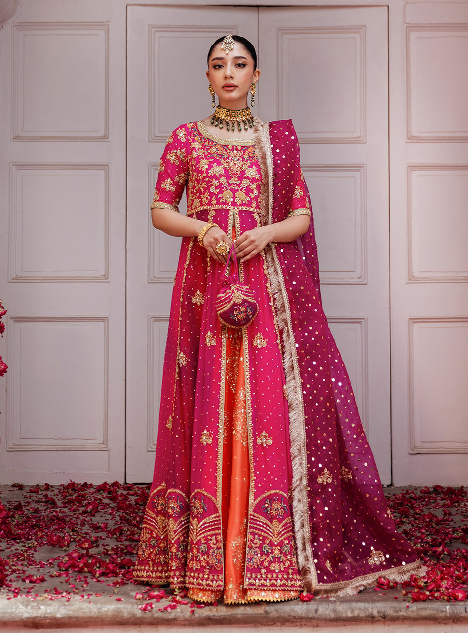 Pakistani Hot Pink Embroidered Raw Silk Sharara (3-Piece) - Image 1