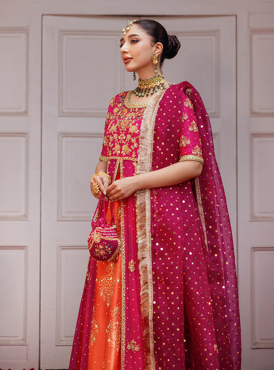 Pakistani Hot Pink Embroidered Raw Silk Sharara (3-Piece) - Image 2