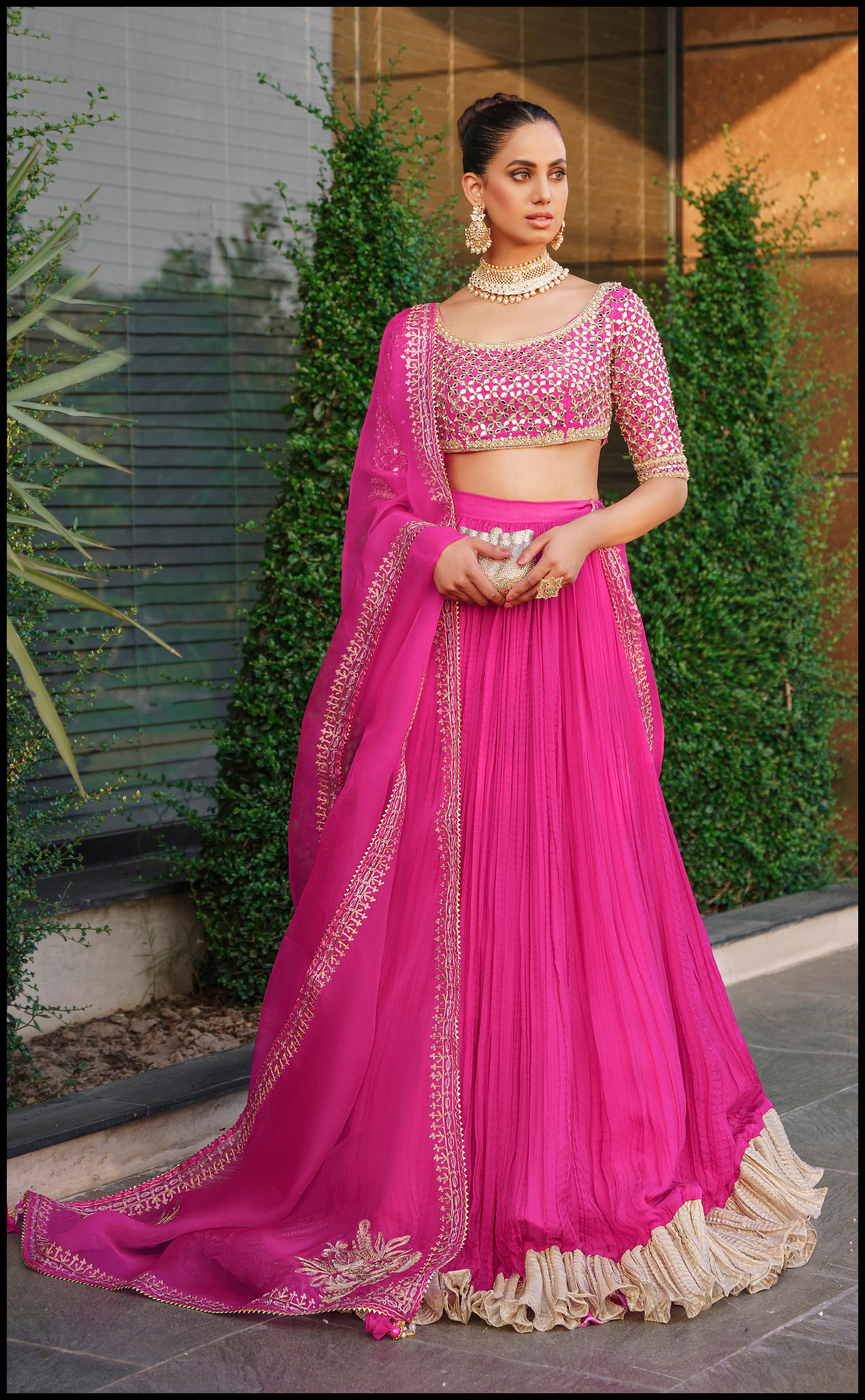 Fuchsia Mirror Work Raw Silk Sharara (3-Piece) - Image 2