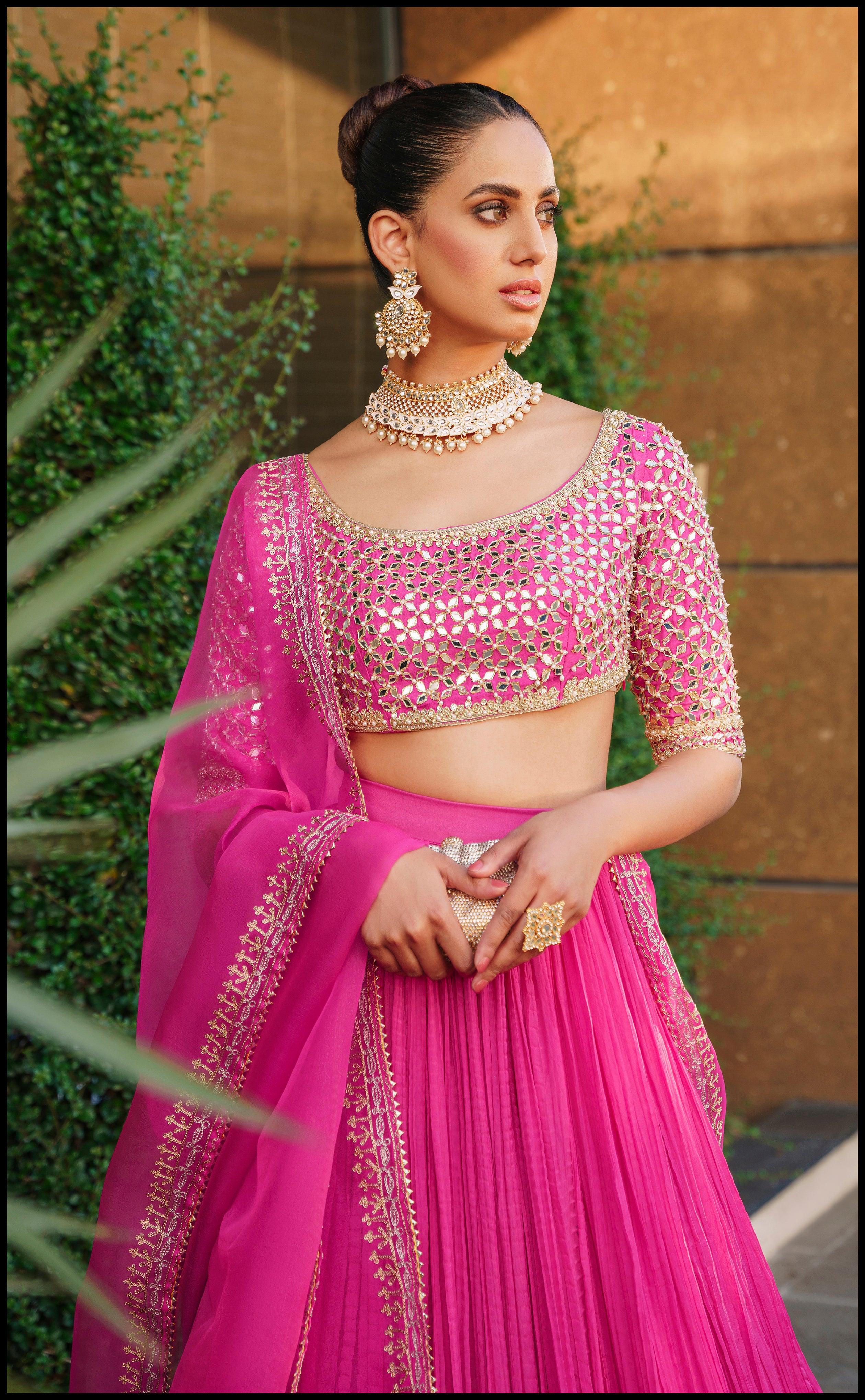 Fuchsia Mirror Work Raw Silk Sharara (3-Piece) - Image 3