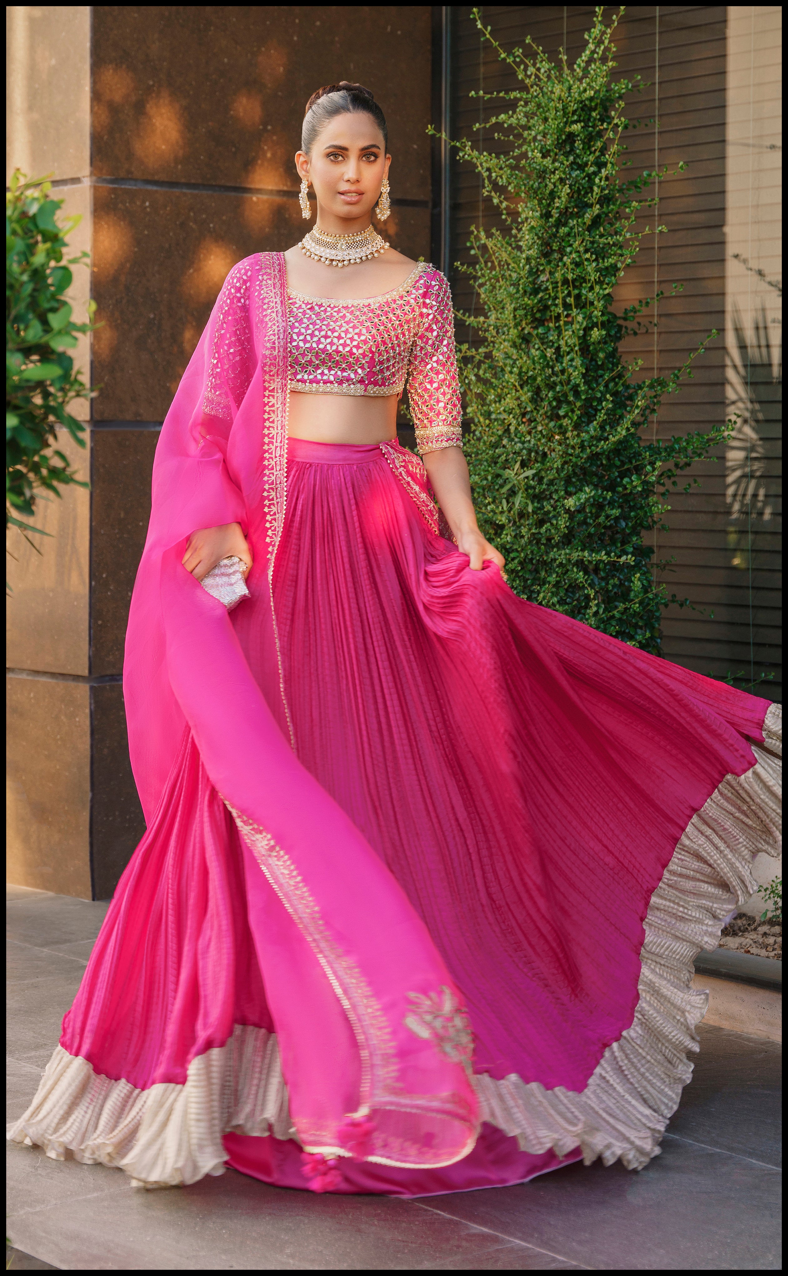 Fuchsia Mirror Work Raw Silk Sharara (3-Piece) - Image 5