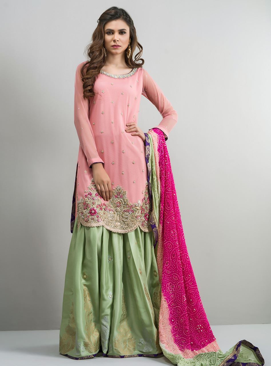Pakistani Salmon Pink Embroidered Net & Raw Silk Sharara (3-Piece) - Image 1