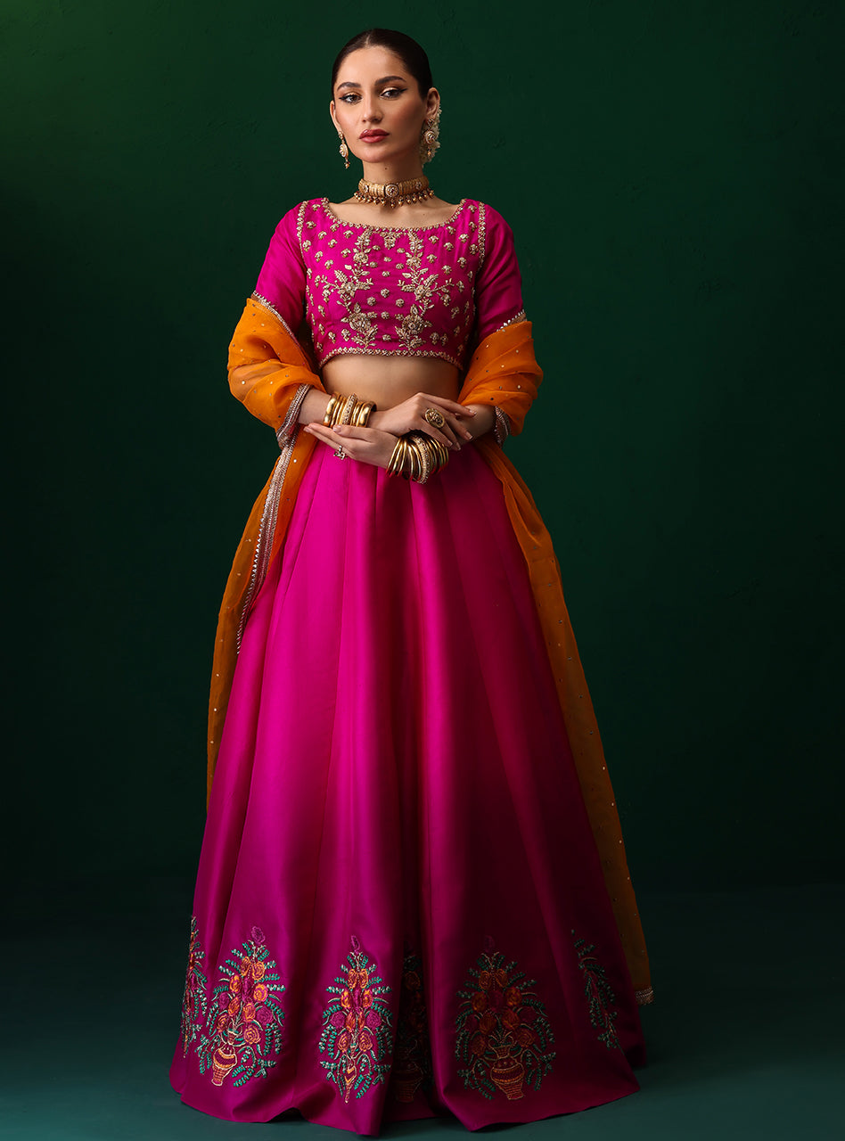 Fuchsia Embroidered Rawsilk Sharara Set (3-Piece) - Image 1