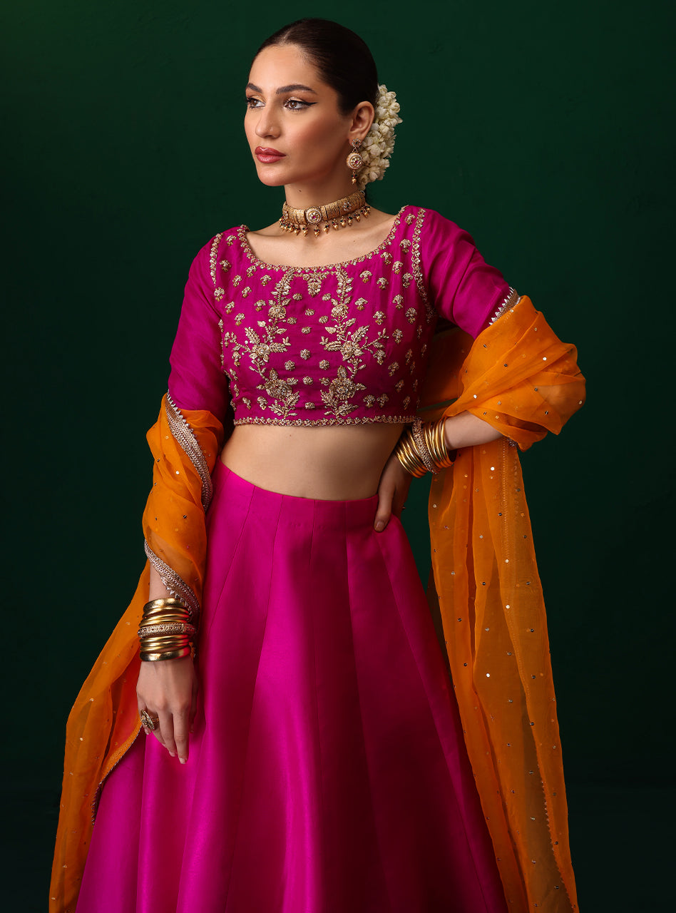 Fuchsia Embroidered Rawsilk Sharara Set (3-Piece) - Image 5