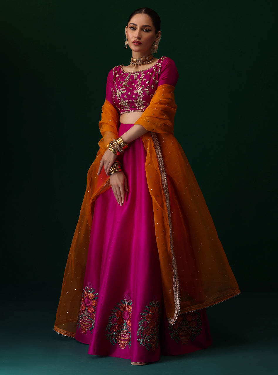 Fuchsia Embroidered Rawsilk Sharara Set (3-Piece) - Image 6