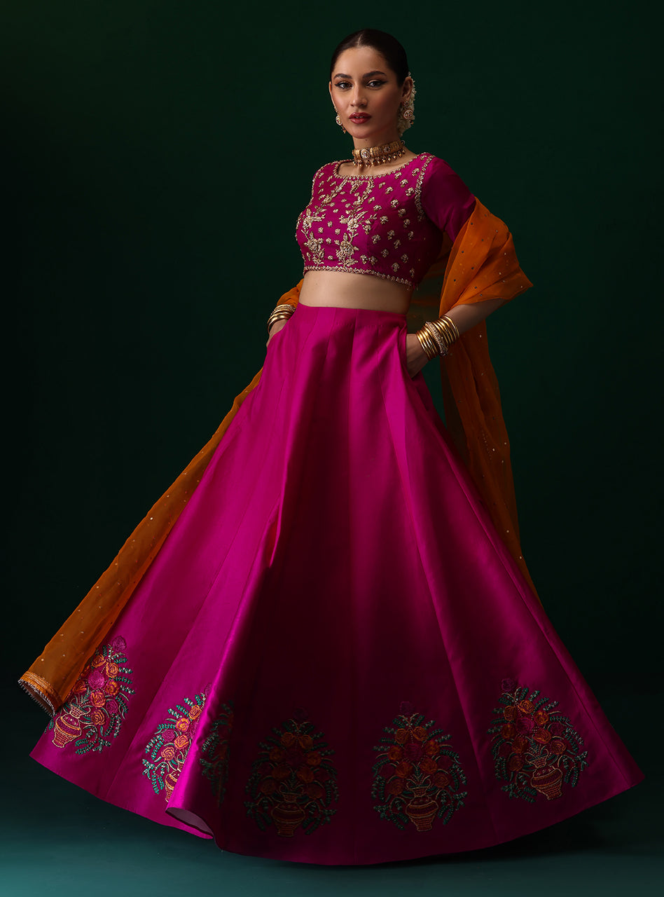 Fuchsia Embroidered Rawsilk Sharara Set (3-Piece) - Image 8