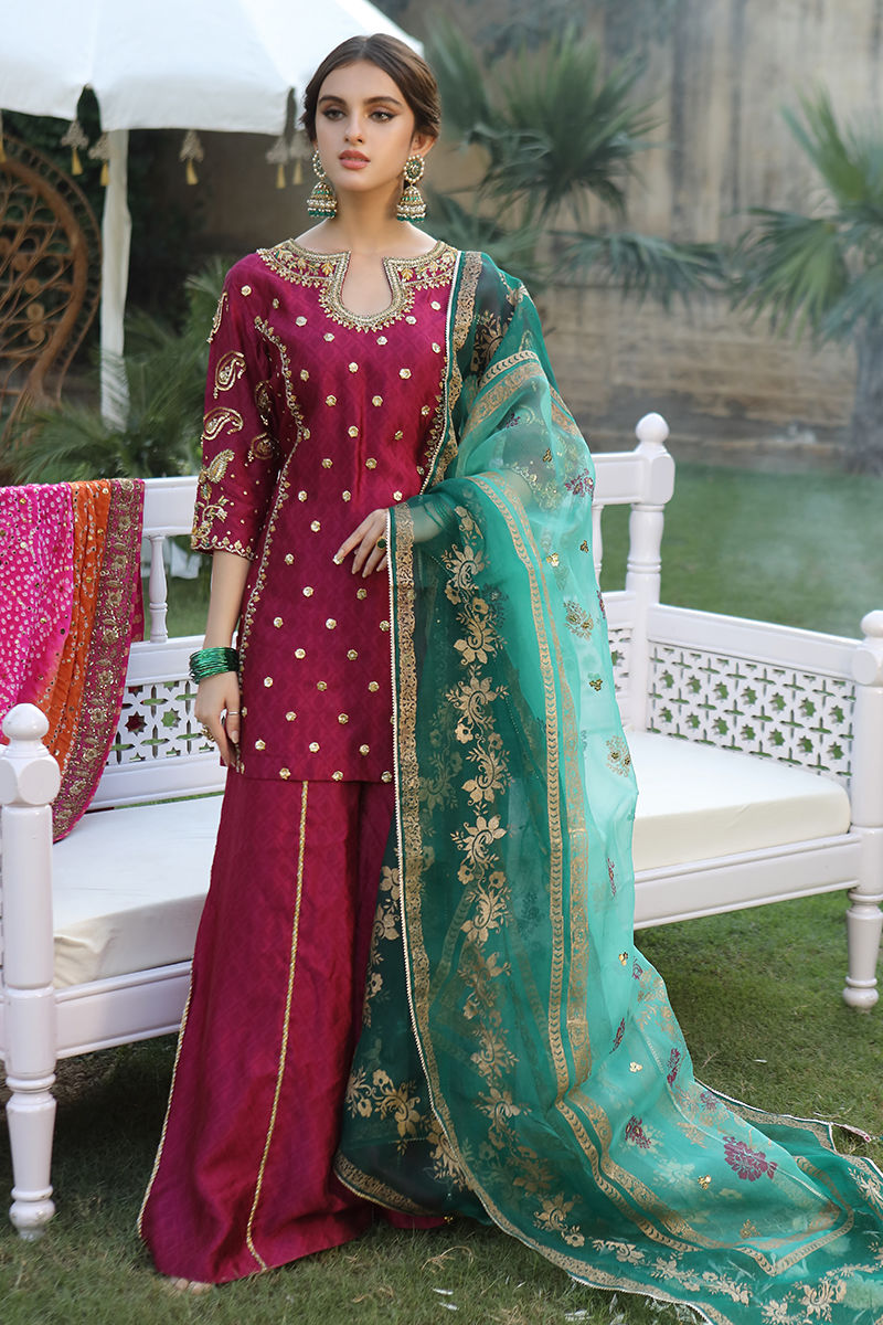 Magenta Zardozi Self-Silk Sharara Set (3-Piece) - Image 3