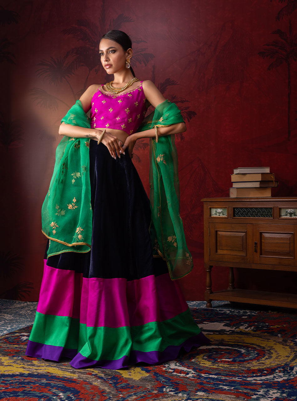 Pakistani Magenta Embroidered Silk Choli with Velvet Sharara (3-Piece) - Image 1