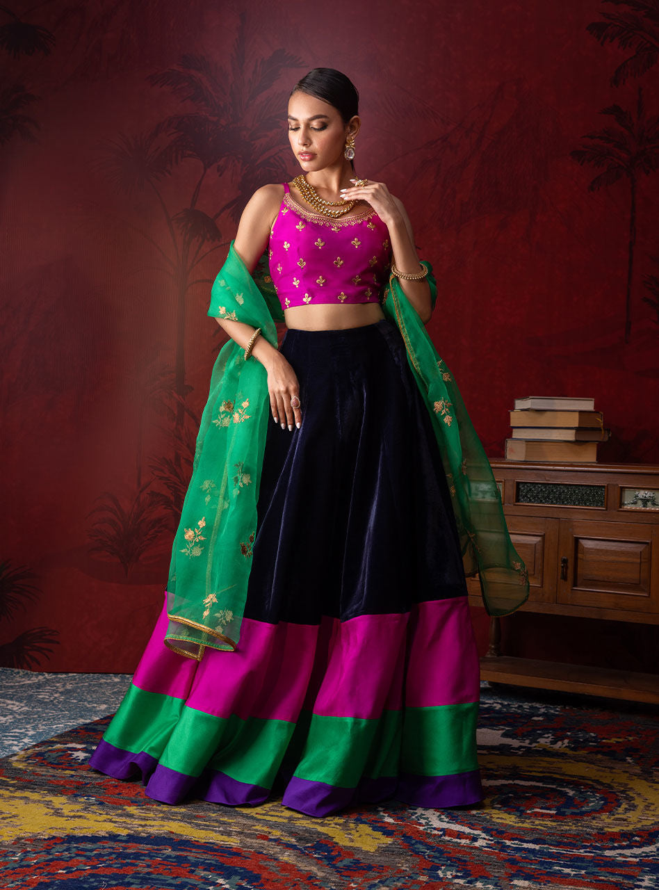 Pakistani Magenta Embroidered Silk Choli with Velvet Sharara (3-Piece) - Image 3