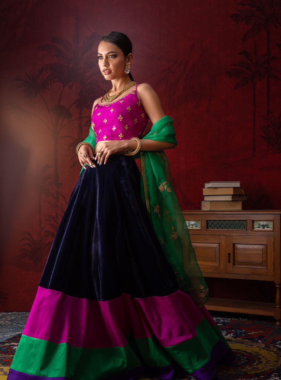 Pakistani Magenta Embroidered Silk Choli with Velvet Sharara (3-Piece) - Image 4