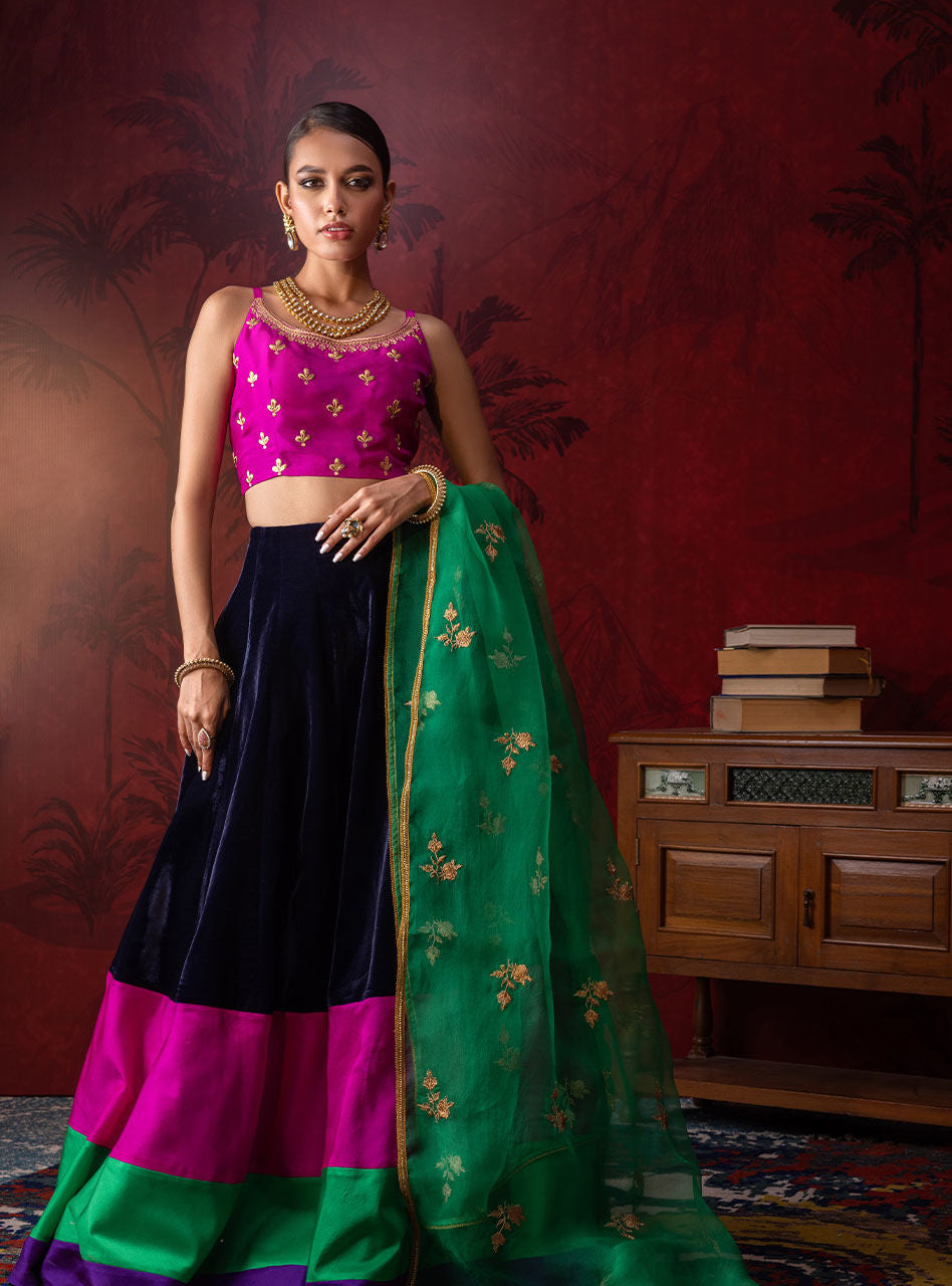 Pakistani Magenta Embroidered Silk Choli with Velvet Sharara (3-Piece) - Image 7