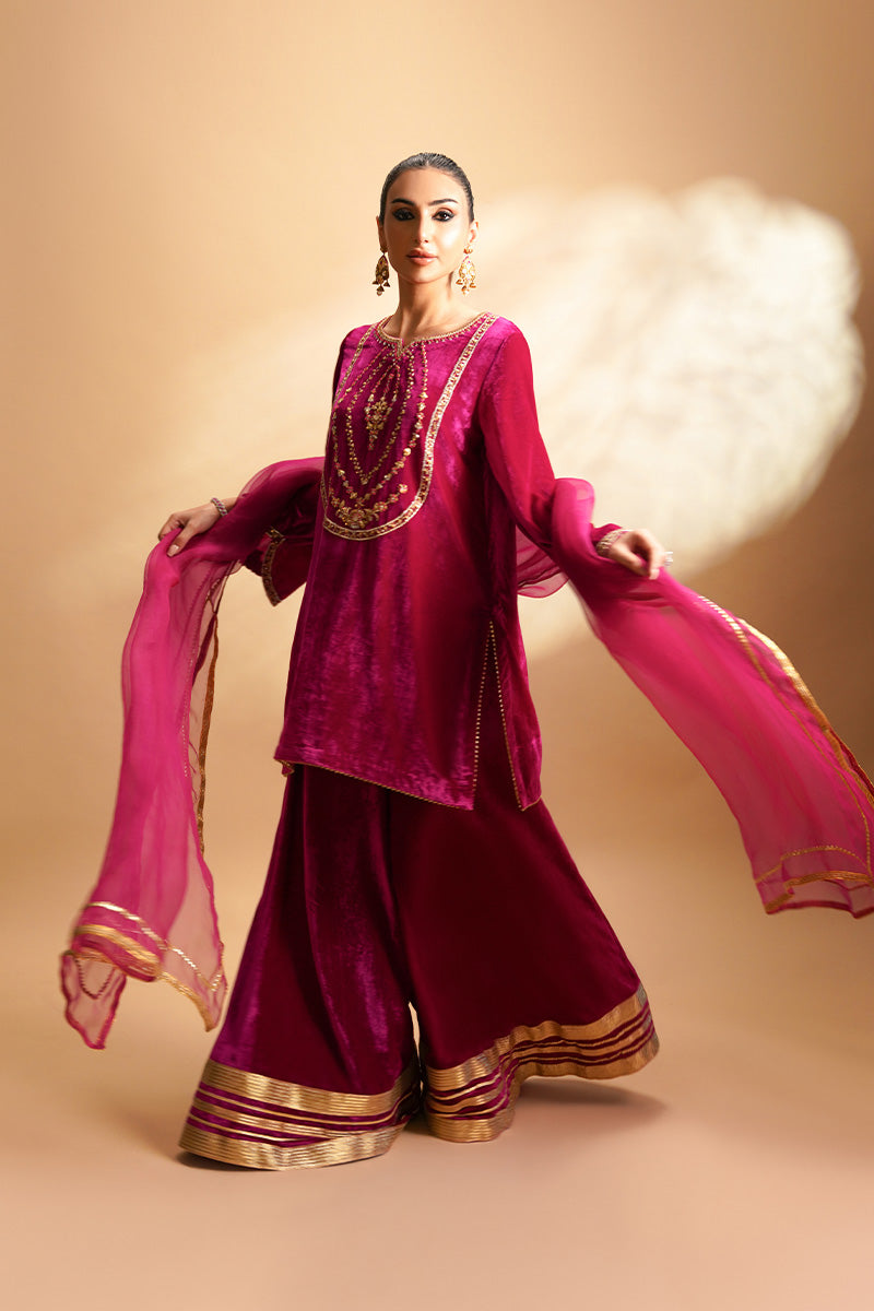 Pakistani Hot Pink Embroidered Velvet Sharara (3-Piece) - Image 1