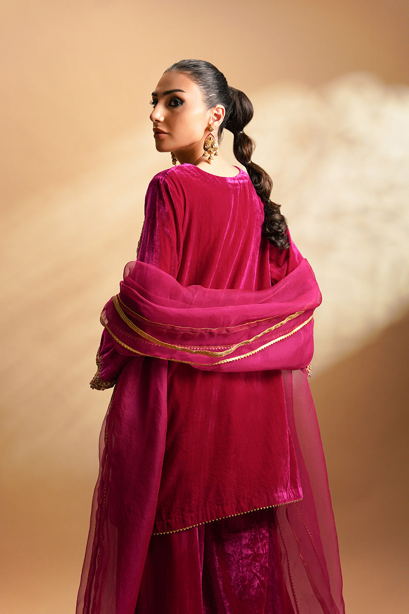 Pakistani Hot Pink Embroidered Velvet Sharara (3-Piece) - Image 2