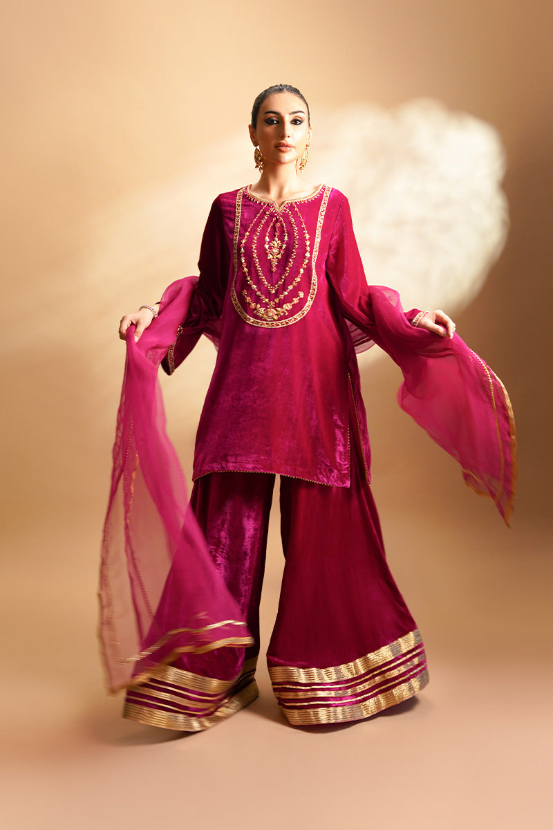 Pakistani Hot Pink Embroidered Velvet Sharara (3-Piece) - Image 6