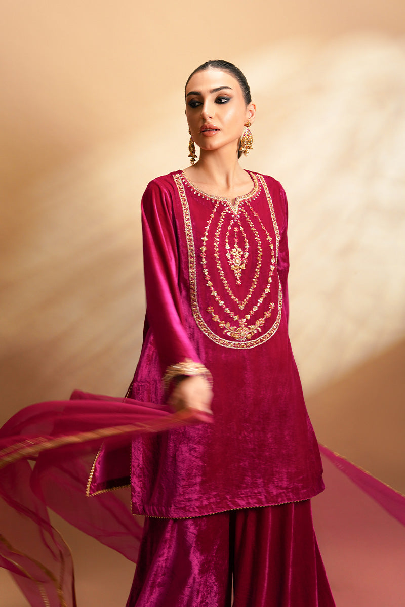 Pakistani Hot Pink Embroidered Velvet Sharara (3-Piece) - Image 7