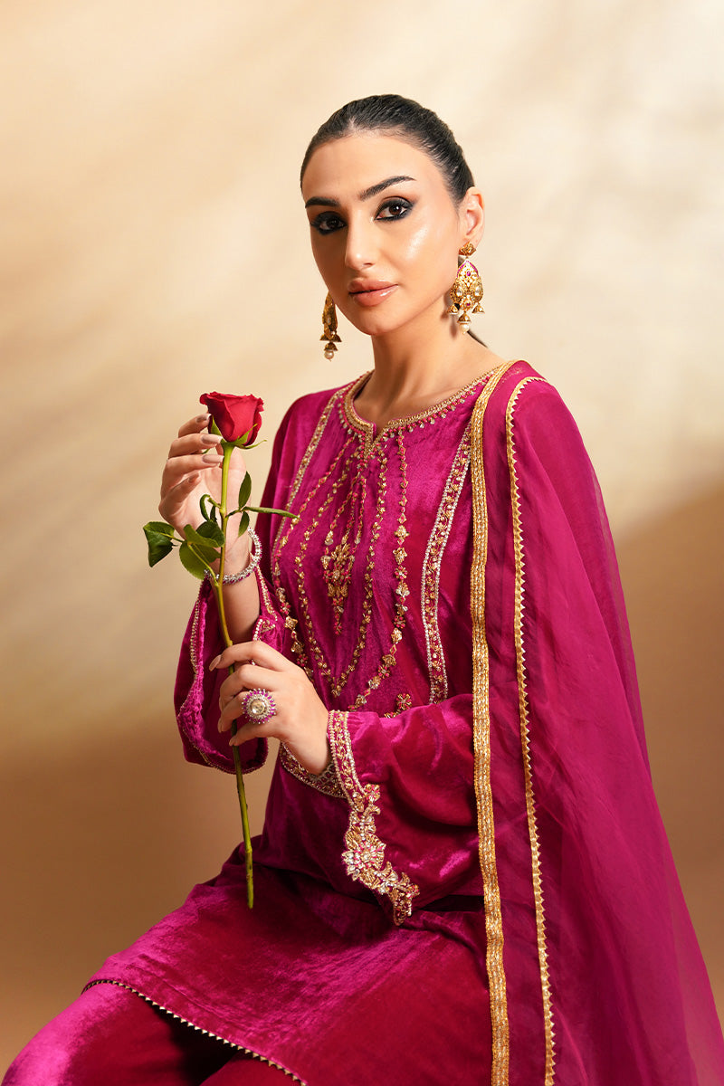 Hot Pink Embroidered Velvet Sharara (3-Piece) - Image 3