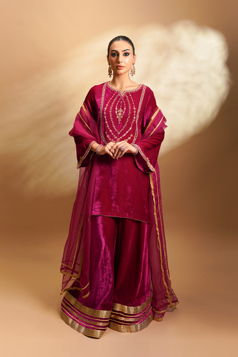 Hot Pink Embroidered Velvet Sharara (3-Piece) - Image 6