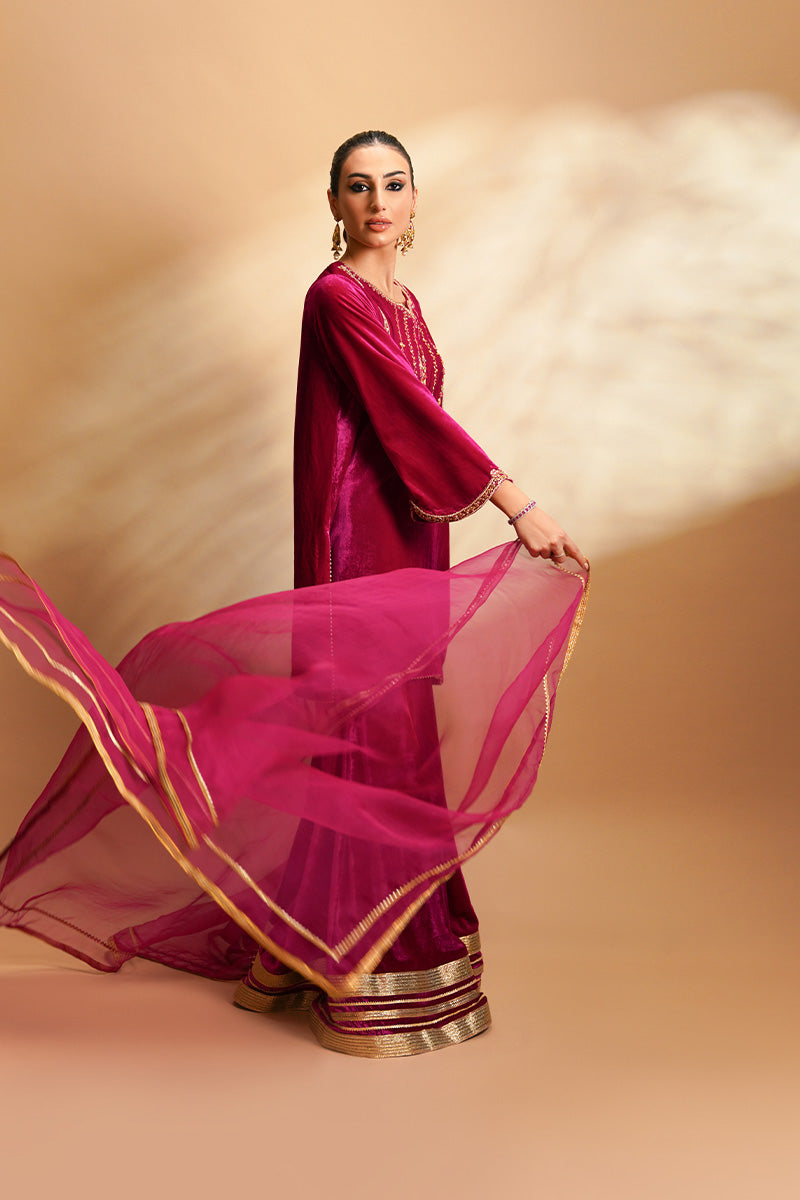 Hot Pink Embroidered Velvet Sharara (3-Piece) - Image 7