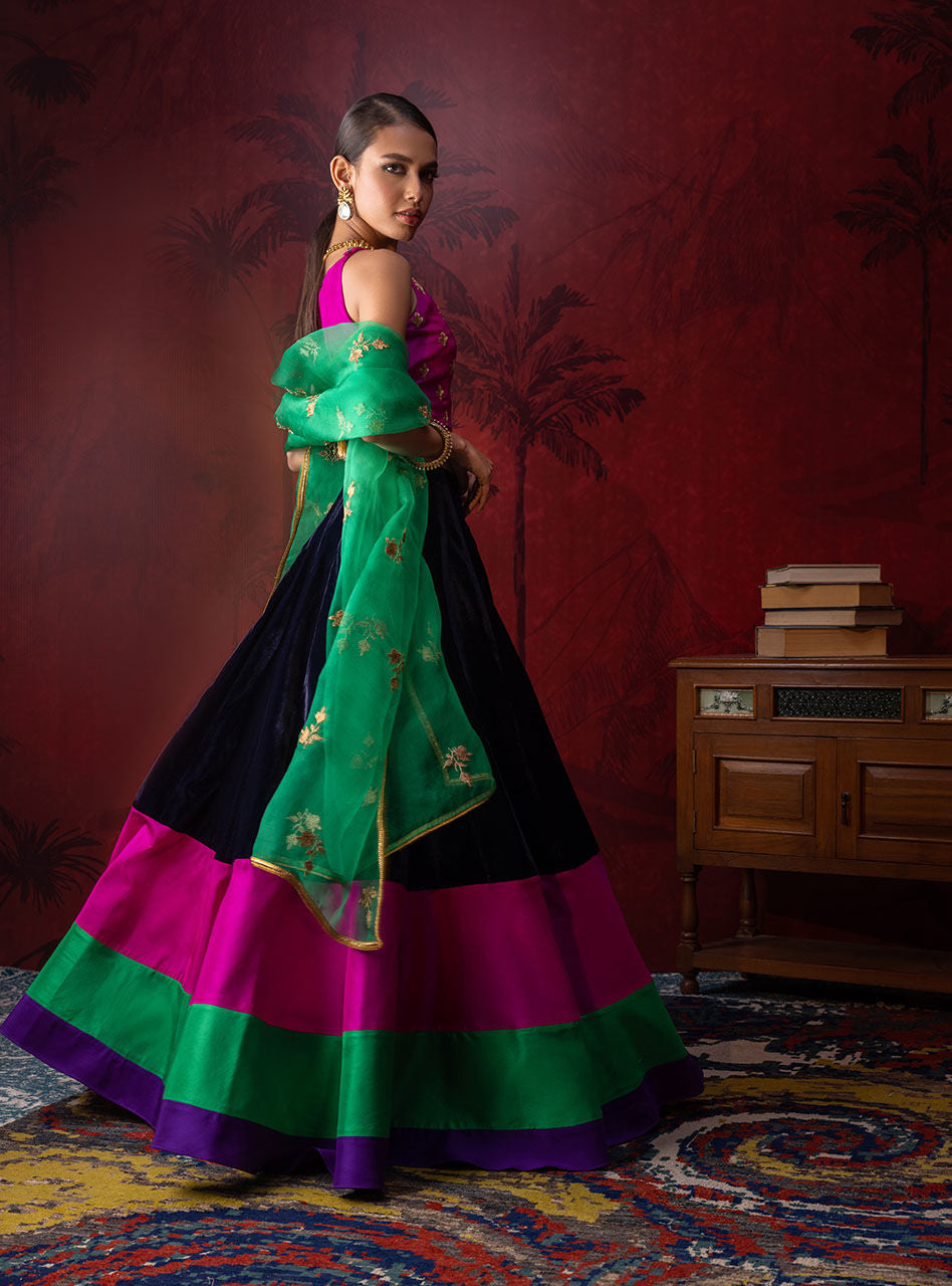 Pakistani Magenta Embroidered Silk Choli with Velvet Sharara (3-Piece) - Image 2