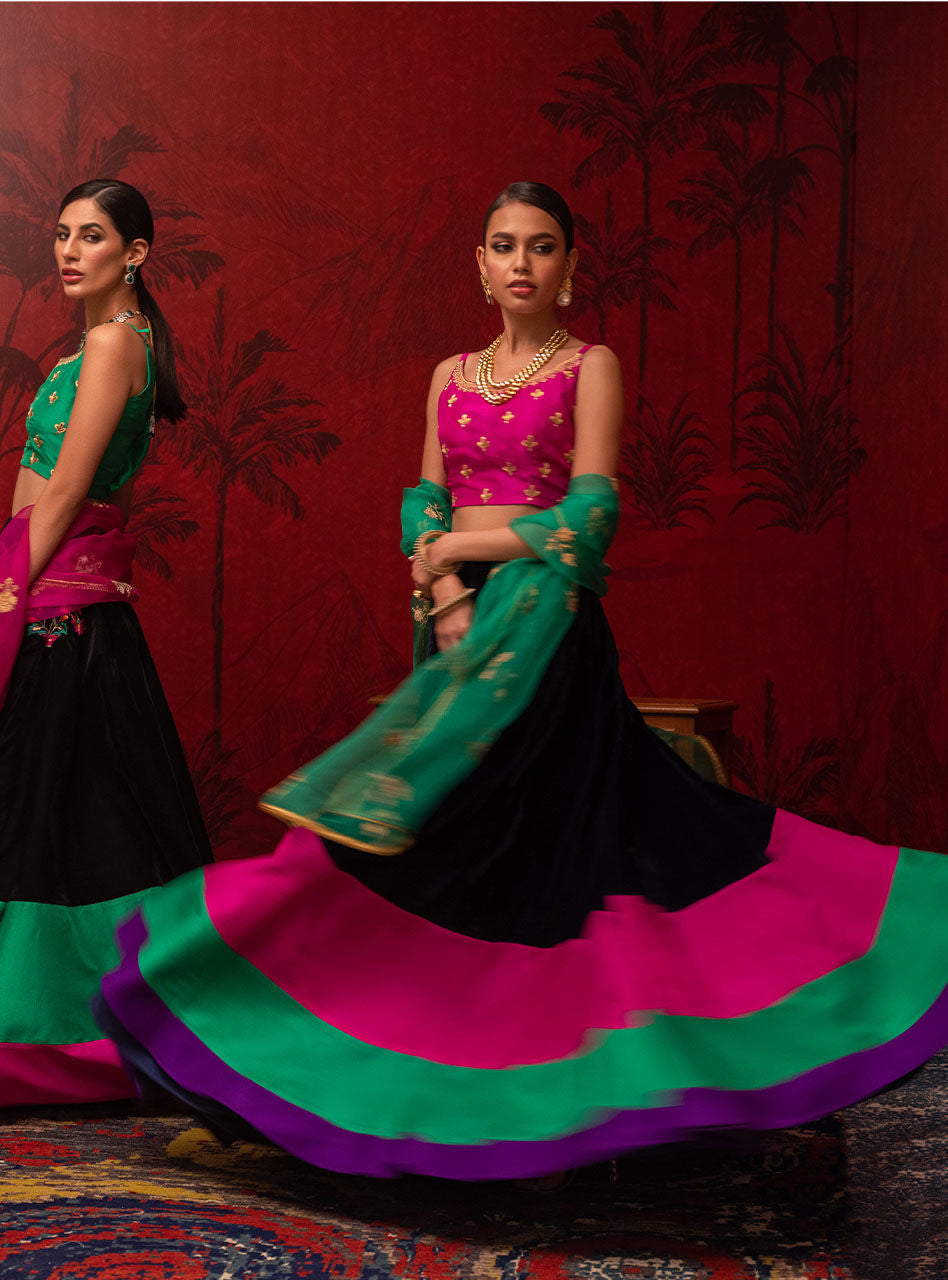 Pakistani Magenta Embroidered Silk Choli with Velvet Sharara (3-Piece) - Image 6