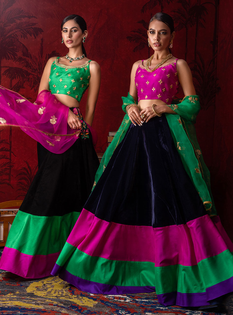 Pakistani Magenta Embroidered Silk Choli with Velvet Sharara (3-Piece) - Image 7