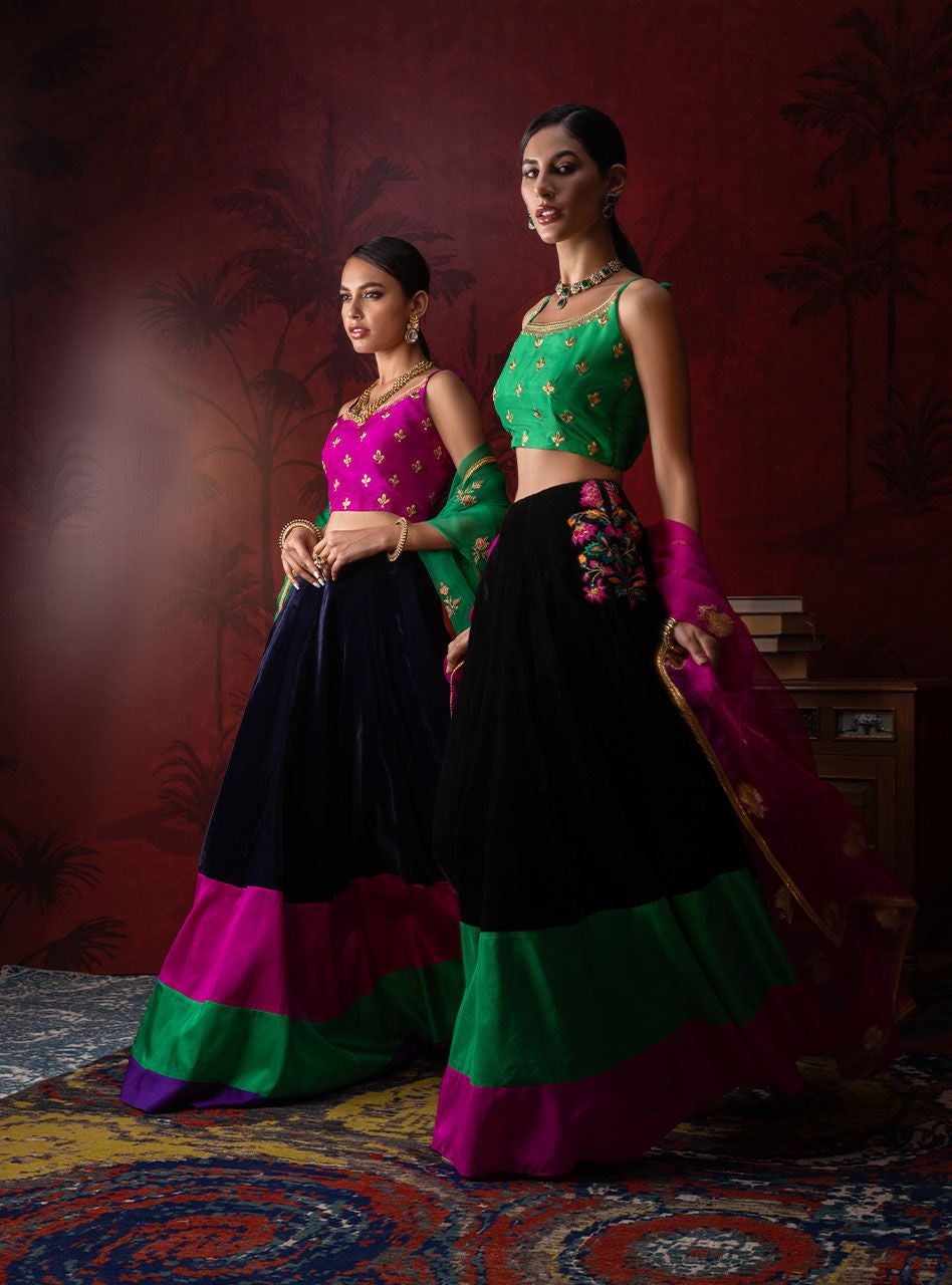Pakistani Magenta Embroidered Silk Choli with Velvet Sharara (3-Piece) - Image 9