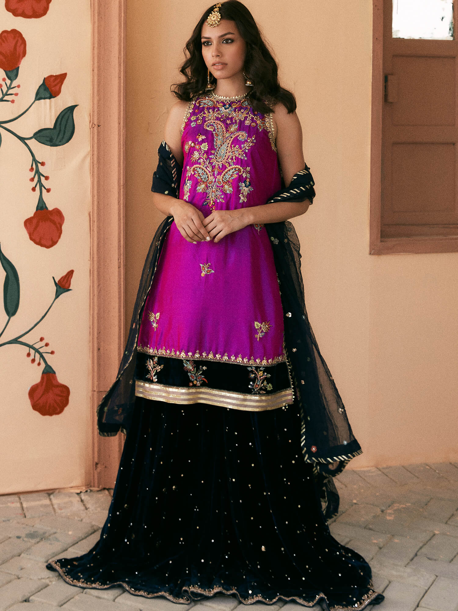 Pakistani Fuchsia Zardozi Cotton Kurta with Velvet Sharara (3-Piece) - Image 1