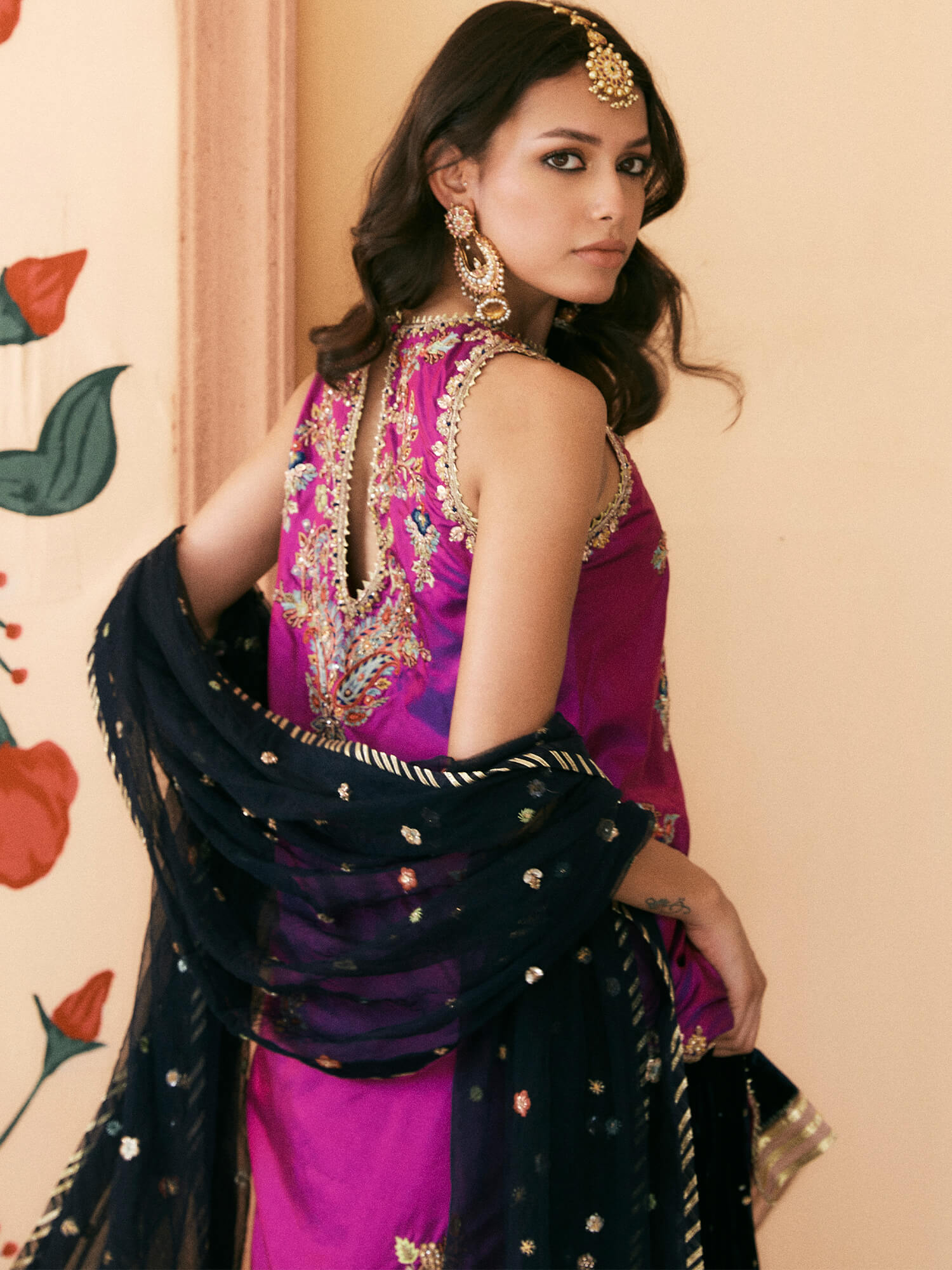 Pakistani Fuchsia Zardozi Cotton Kurta with Velvet Sharara (3-Piece) - Image 2