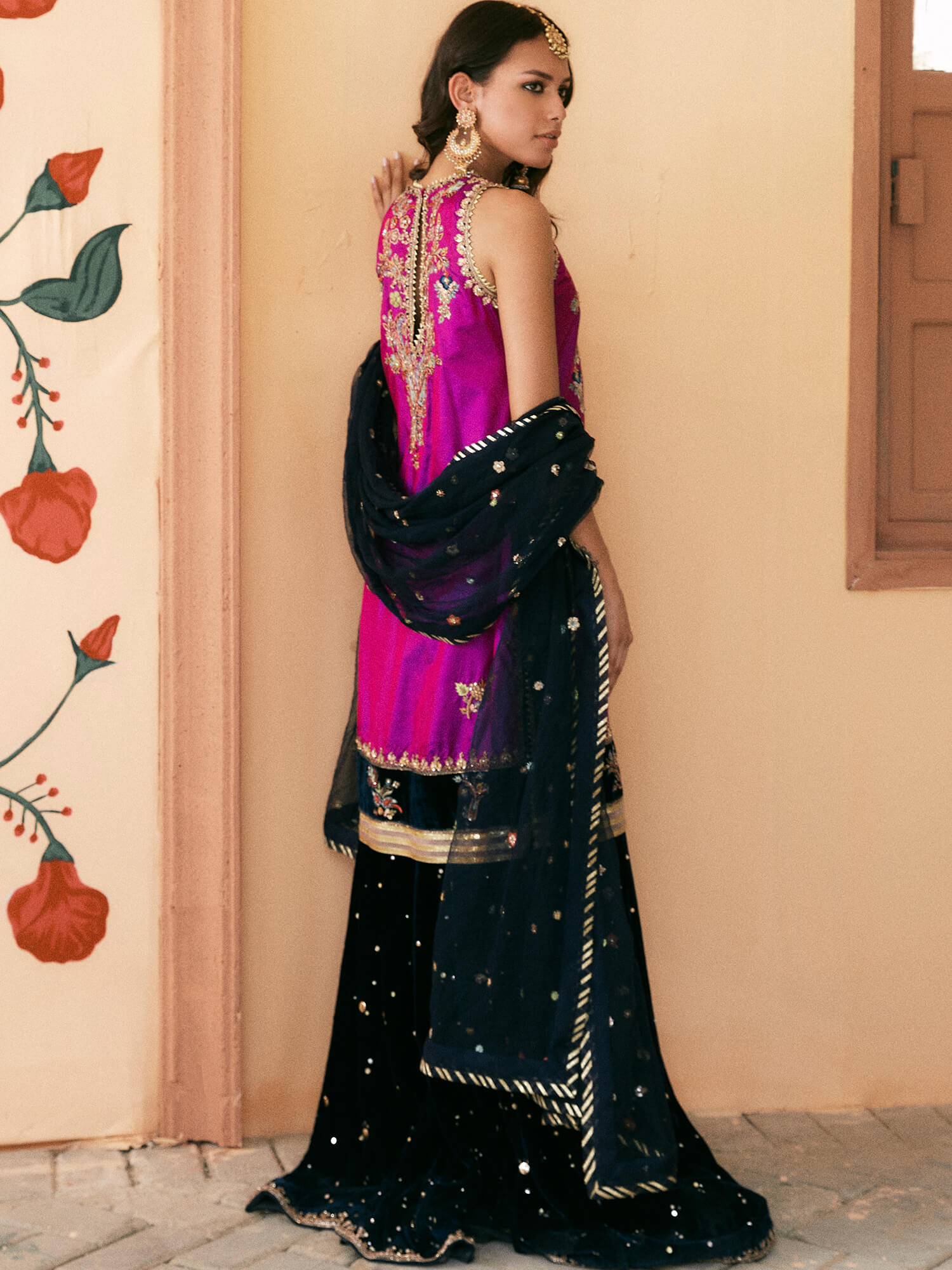 Pakistani Fuchsia Zardozi Cotton Kurta with Velvet Sharara (3-Piece) - Image 3