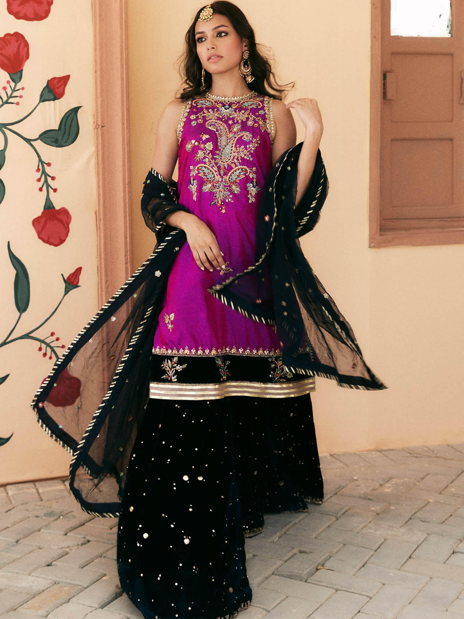 Pakistani Fuchsia Zardozi Cotton Kurta with Velvet Sharara (3-Piece) - Image 4