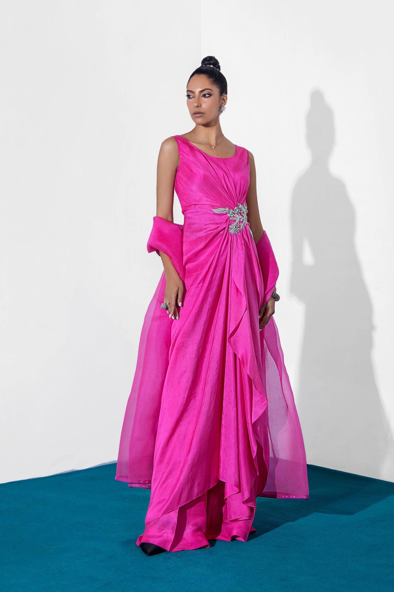 Pakistani Hot Pink Crystal Zardozi Silk Draped Shirt (3-Piece) - Image 6