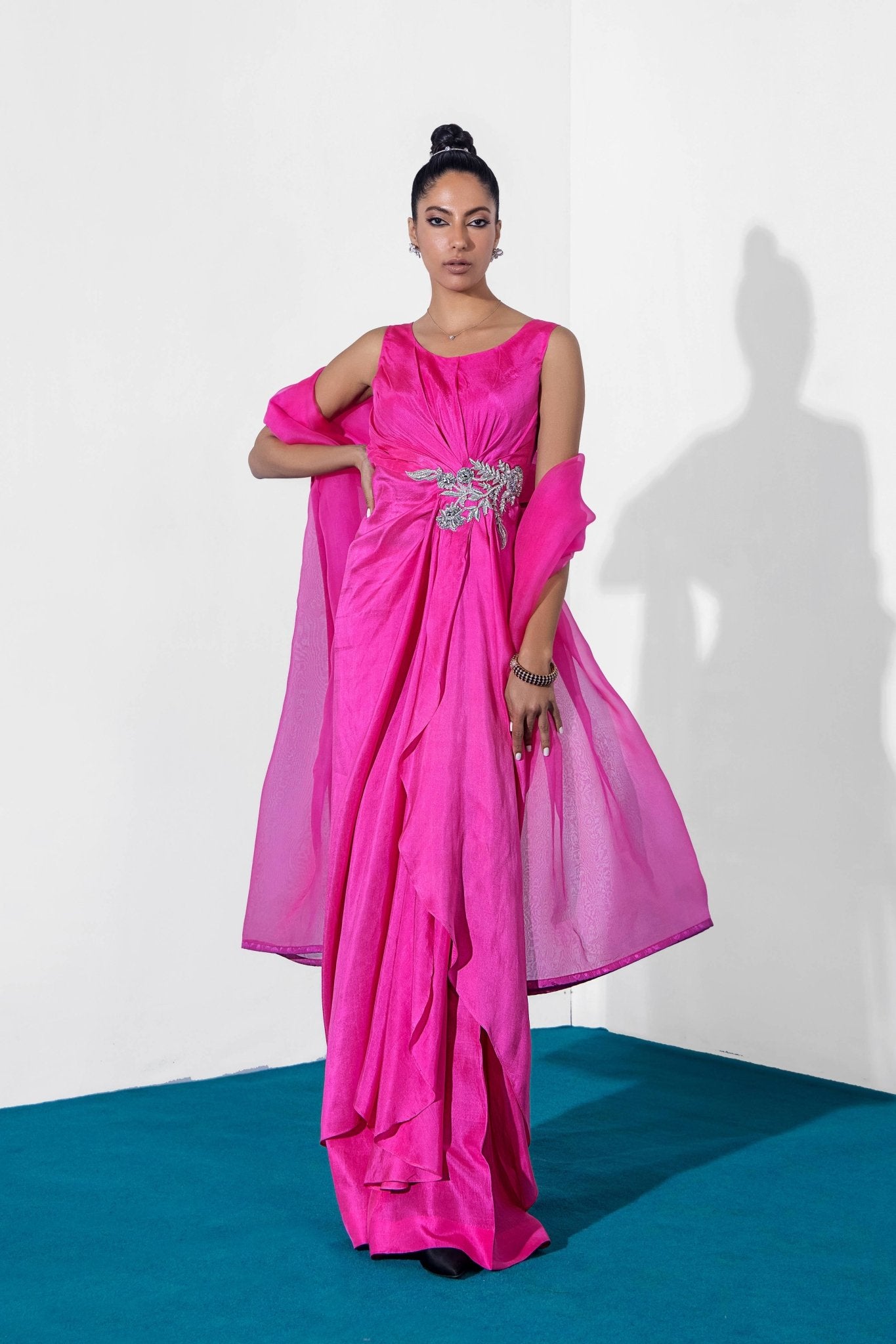 Pakistani Hot Pink Crystal Zardozi Silk Draped Shirt (3-Piece) - Image 8