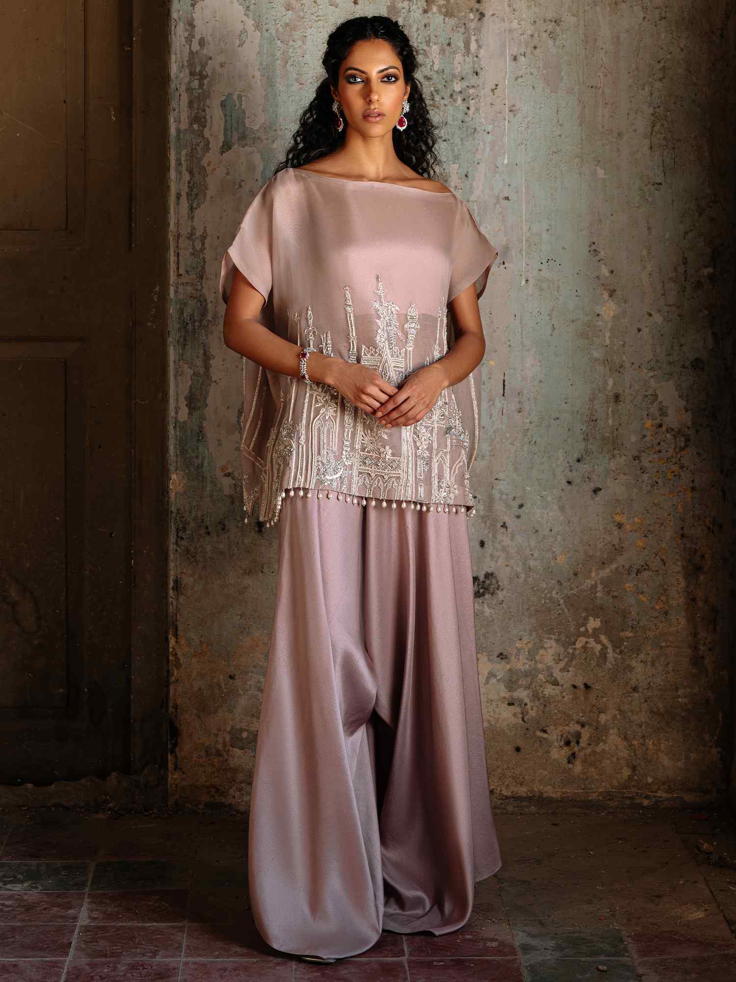 Pakistani Powder Pink Embroidered Organza Satin Silk Top & Pants (2-Piece) - Image 1