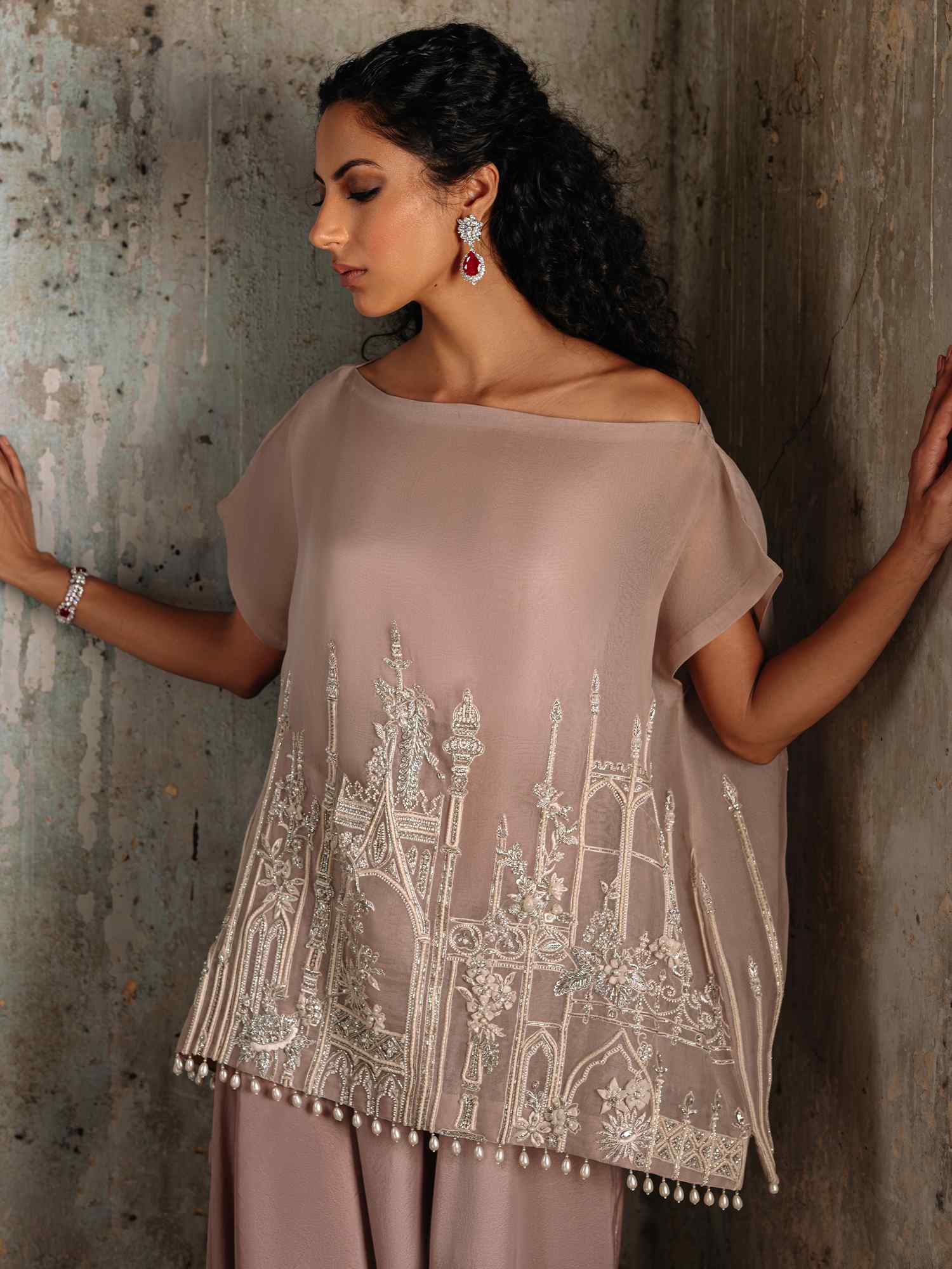 Pakistani Powder Pink Embroidered Organza Satin Silk Top & Pants (2-Piece) - Image 2