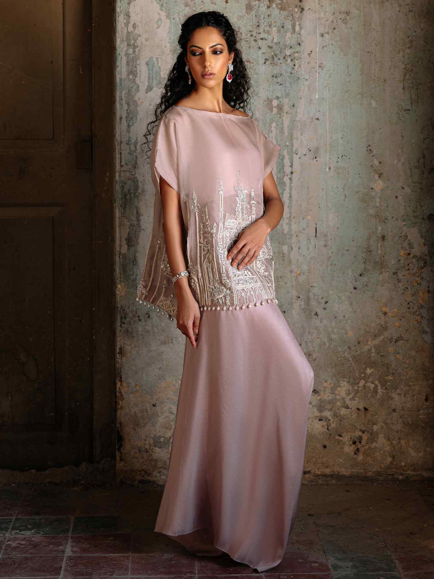 Pakistani Powder Pink Embroidered Organza Satin Silk Top & Pants (2-Piece) - Image 3